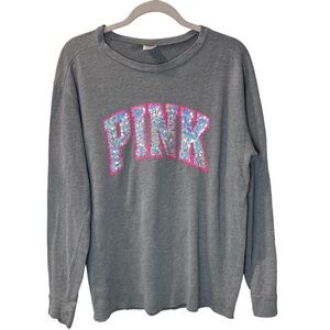 Pink Victoria’s Secret Bling Campus Crew Sweatshirt Sequin Grey Top Medium